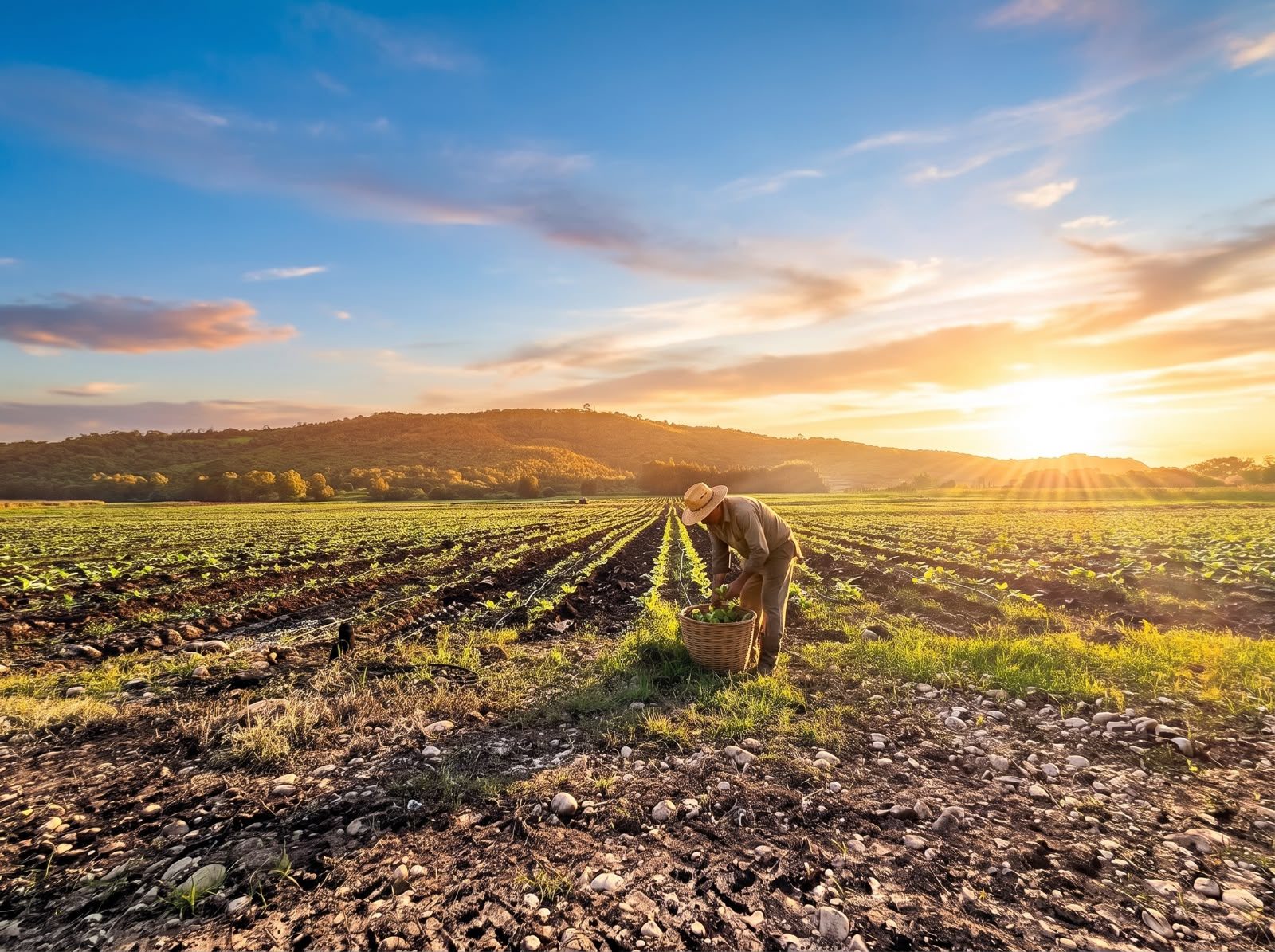 Farmer harvesting tobacco leaves in a Peruvian field at sunset