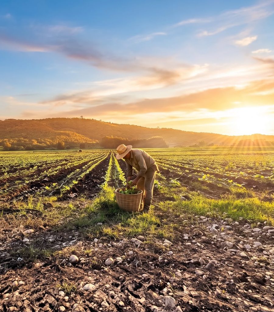 Farmer picking tobacco leaves by hand in Peru