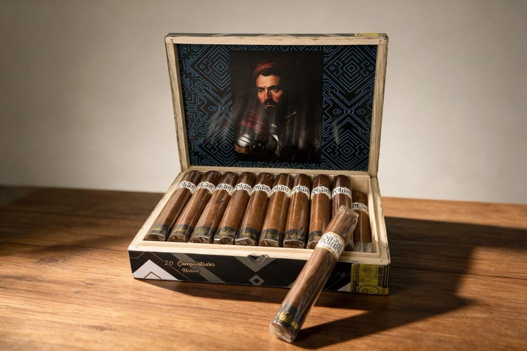 Open box of Conquistador Natural cigars